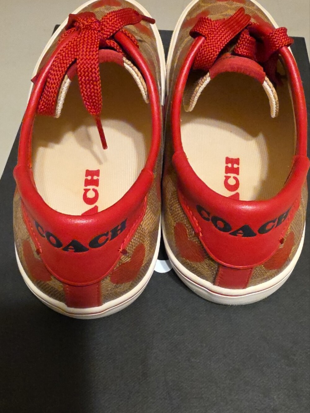 Coach Brown Signature Canvas Sneakers with Red Heart Print - Picture 4 of 8